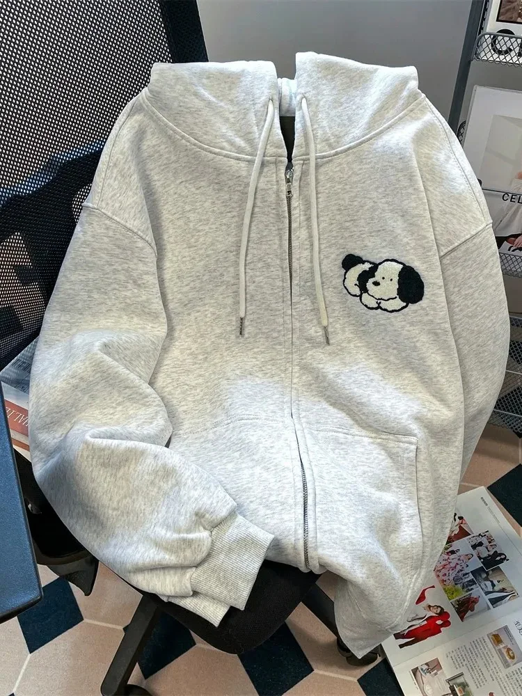 

Серые толстовки с милой собакой и героями мультфильмов, женские свободные толстовки Kawaii с длинными рукавами, повседневные винтажные осенние женские топы с карманами в консервативном стиле