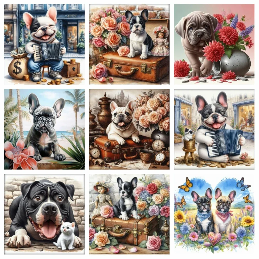 Französische Bulldogge, Welpe, Tier, 5D-Diamantgemälde, Kunst, süßer Hund mit Blumen, Kreuzstich, Mosaik, DIY, Handwerk, Heimdekoration, Geschenk