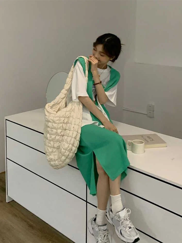 

Korean Style Green Skirt And Top Set Women's Fashion Spring Collection Short Sleeve round Neck T-Shirt High Waist Skirt