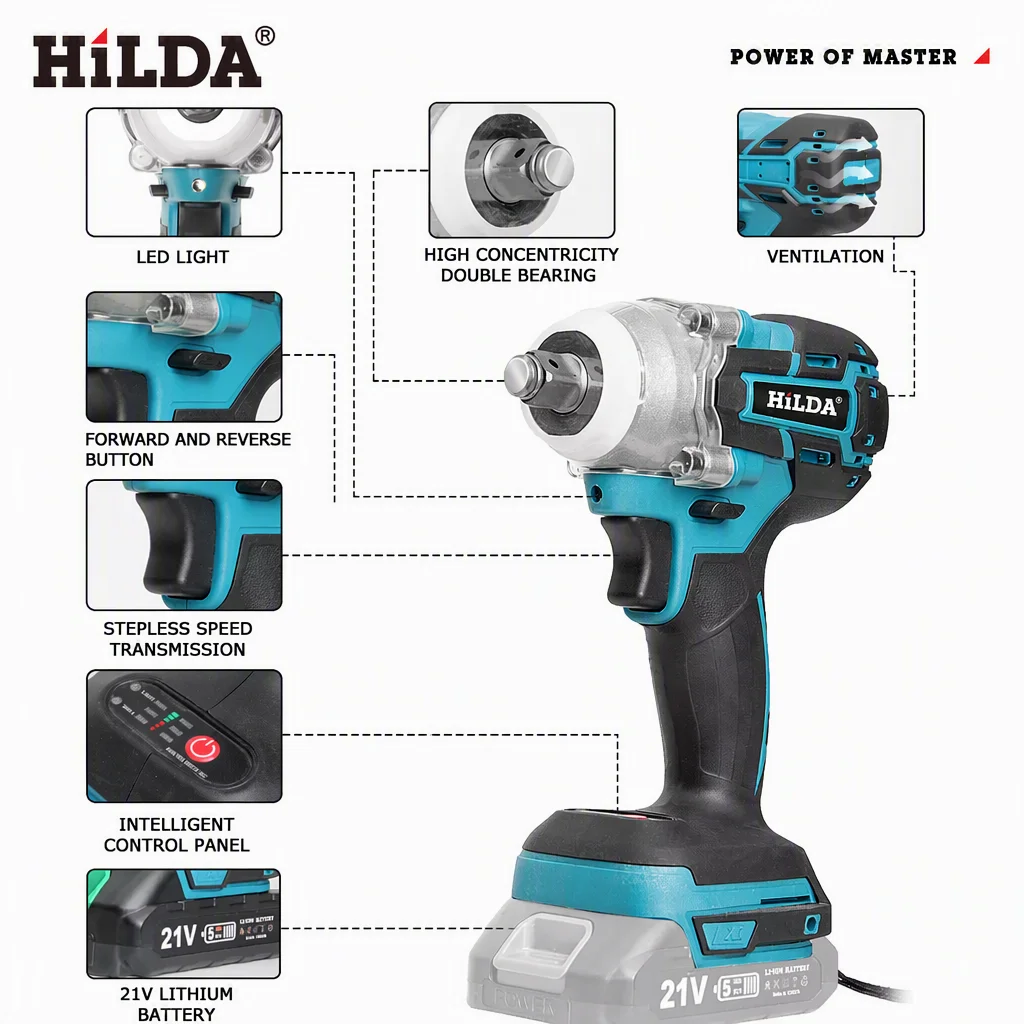 HILDA 380N.m Brushless Electric Impact Wrench Cordless Wrench 4300RPM LED Light For Auto Repair Wood Metal Installation