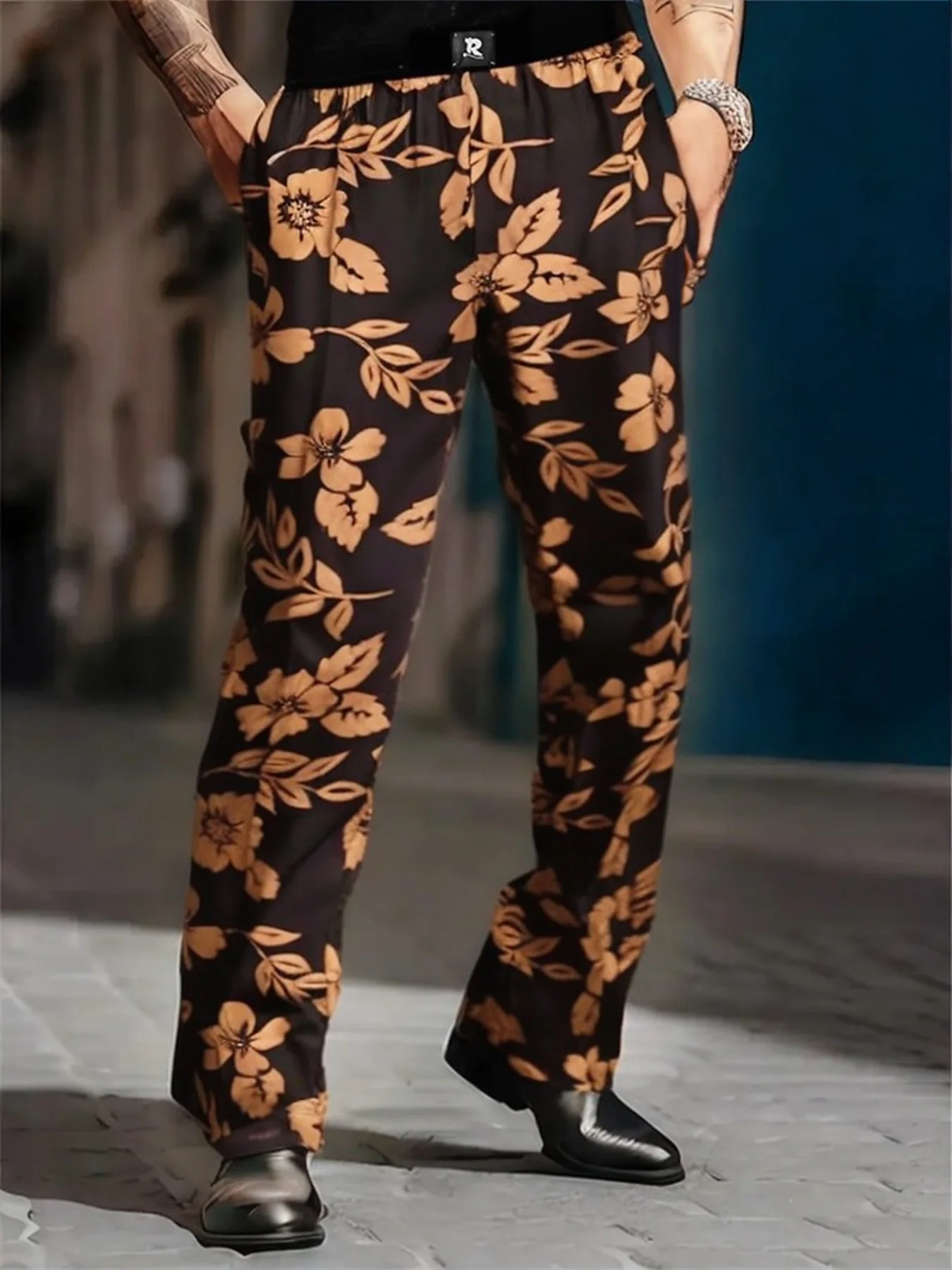 

Men's Brown Floral Print Straight Leg Casual Pants Spring Autumn Loose Elastic Waist Trousers