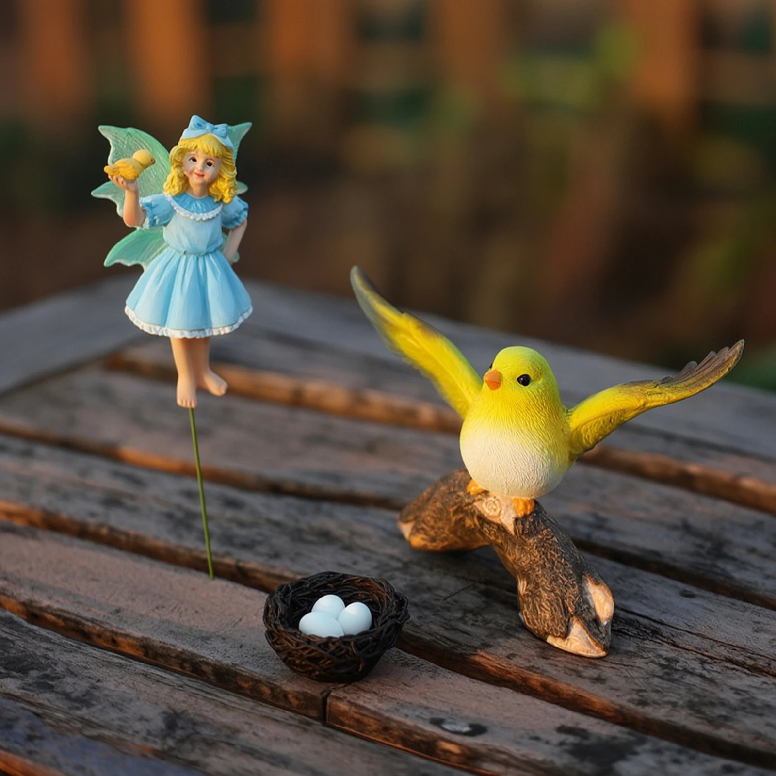 Fairy Garden Statue with Nest Resin Garden Ornament with Bird Bird Figurine with Nest Painted Decor Nature-Inspired