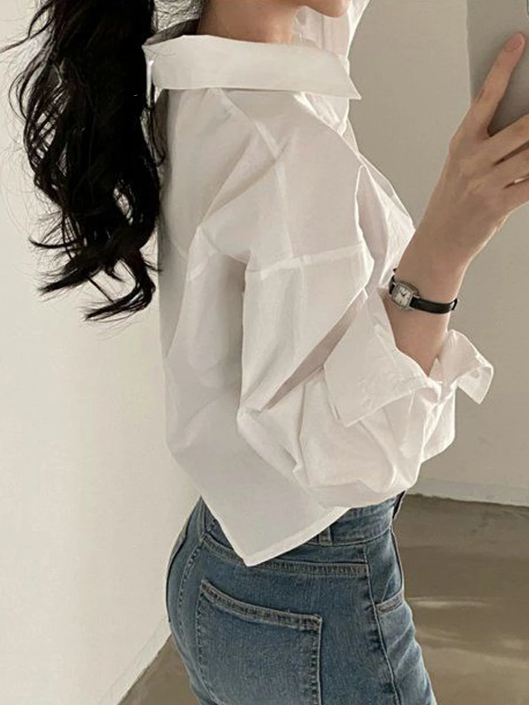 2024 frühjahr Neue Casual Langarm Frauen Weißes Hemd Korea Stil Feste Taste Split Frau Crop Tops Bluse Party Kleidung