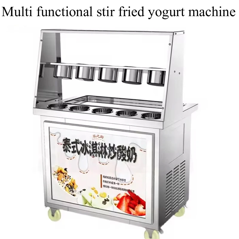 

Double Pan Thai Pan Icecream Machine/stir Yogurt Fry Machine Roll Fried Ice Cream Maker With 6 Topping Tanks And Dust Cover