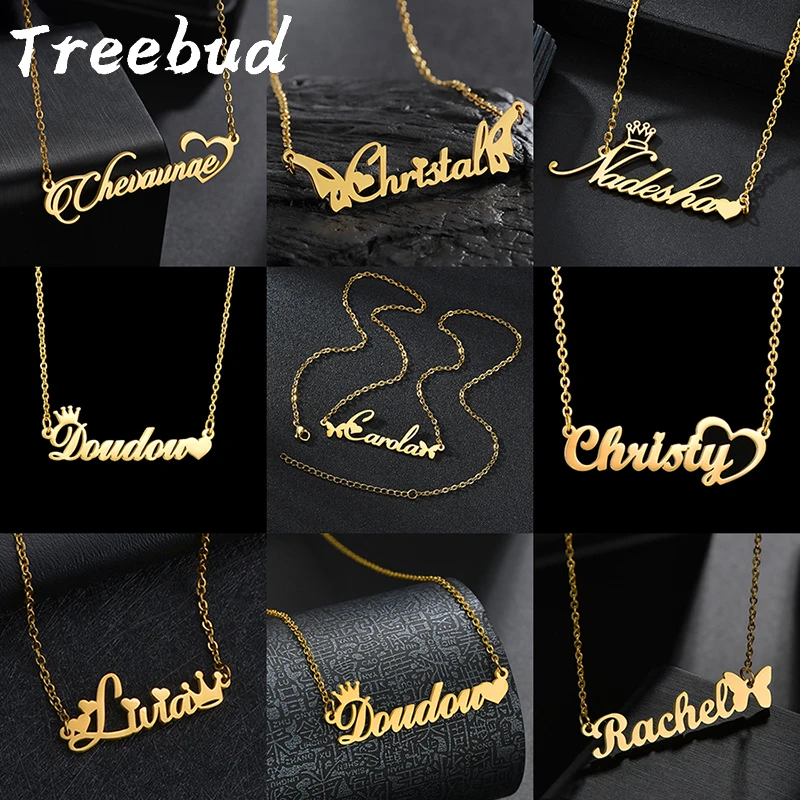 Treebud personalizado borboleta coração nome colar para as mulheres de aço inoxidável placa de identificação pingente gargantilha jóias presentes