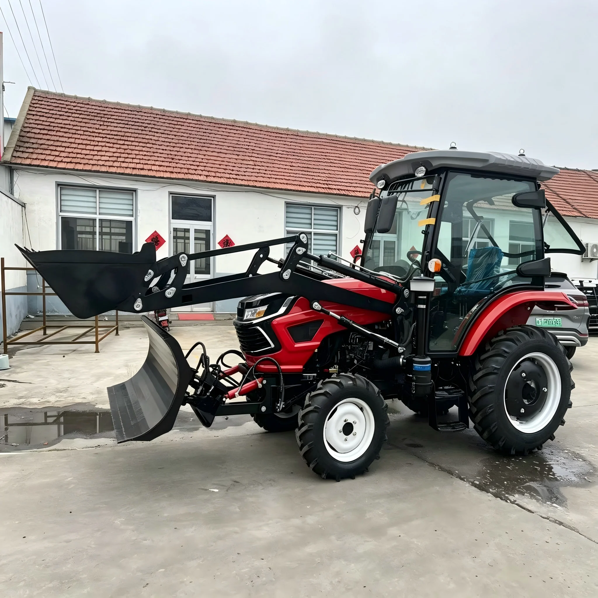 4WD Enclosed Cabin Diesel Tractor With Front Loader & Snow Plow Blade Multifunctional Farm Loading Snow Clearing Equipment