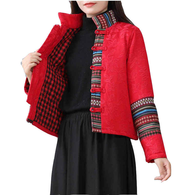 Traditional Tang Suit Stand Collar Autumn Winter Ethnic Style Women\'s Cotton Linen Coat Clothes Long Sleeve Padded Jacket Female