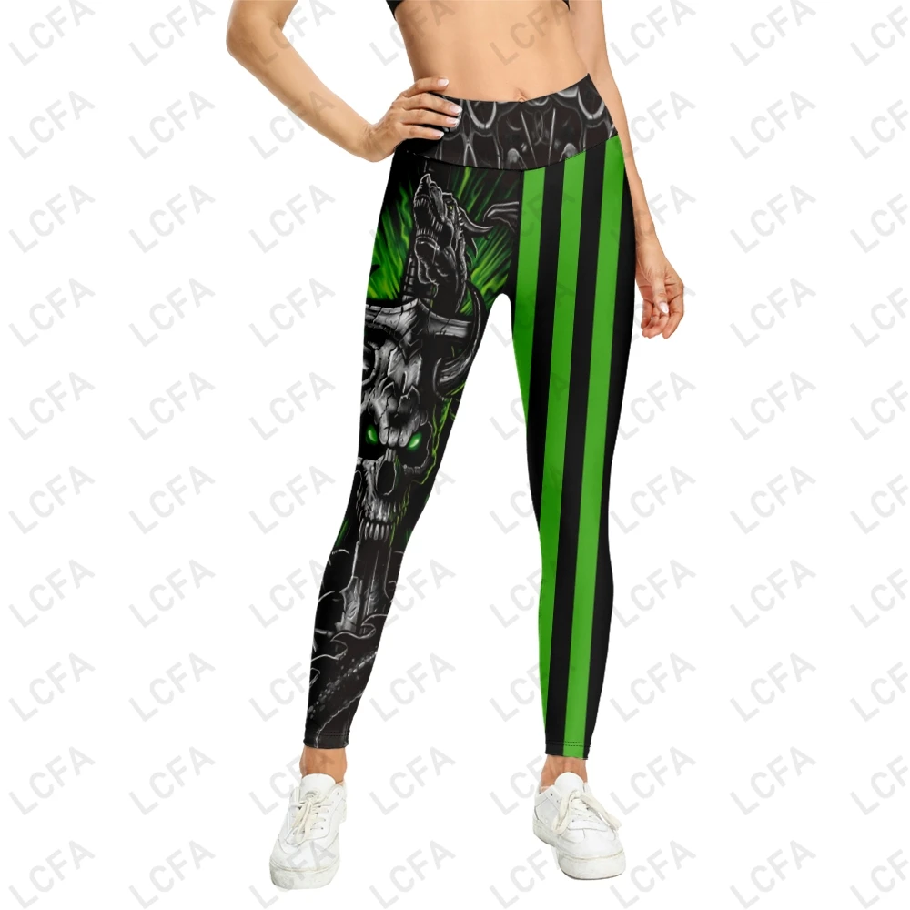 3D Green Striped Skull Print Leggings Women Workout Fitness Legging Slim Pants High Waist Tights Leggins XXS~6XL Multiple Sizes