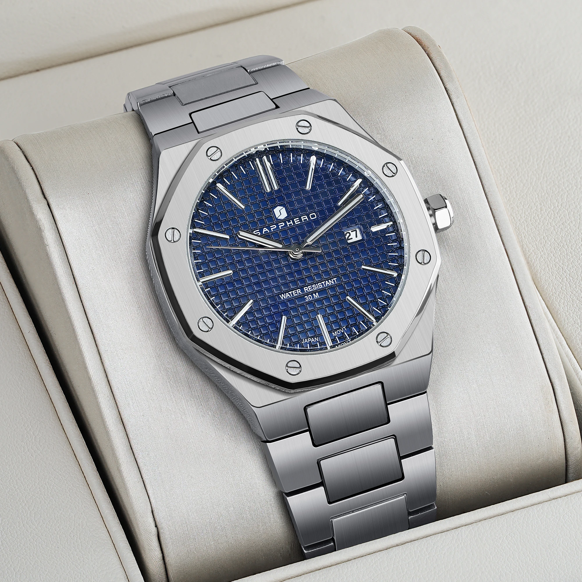 

Мужские аналоговые часы SAPPHERO из нержавеющей стали с японским кварцевым механизмом, отображением даты, водонепроницаемостью 50 м, классические деловые повседневные наручные часы