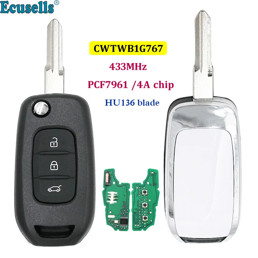 

Ecusells 3 Buttons Flip Remote Key PCF7961 4A Chip for Renault Kadjar Captur Megane 3 Symbol 2013-2017 433MHz CWTWB1G767 HU136