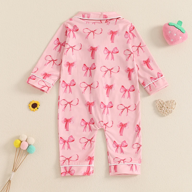 Baby Girl Fall Sleepwear Romper Cute Bow/Strawberry Print Button Down Long Sleeve Lapel Full Length Jumpsuit