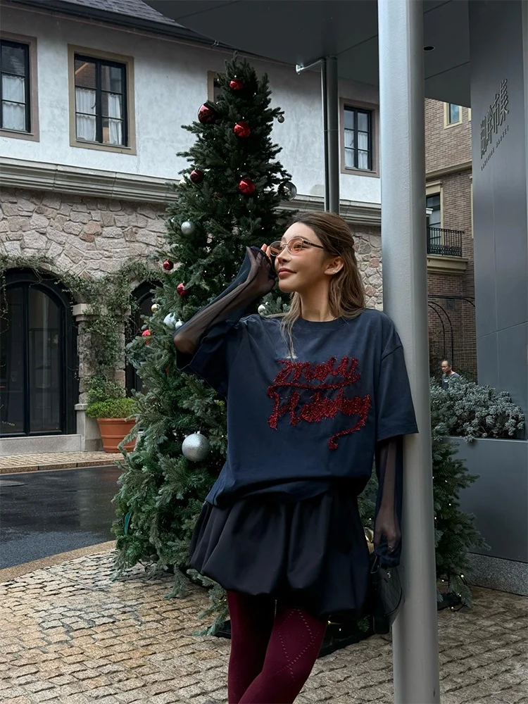 

Cisas Red Tead Letter Fake Two-Piece Top Women's Winter New Loose Cotton Base 00% Cotton T-irt Ci Walk Par