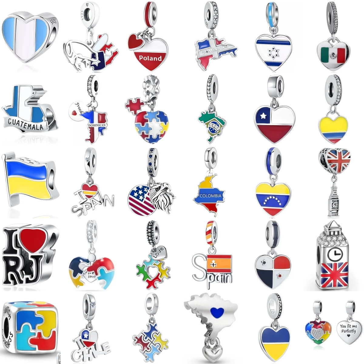 

New Fashion 925 Sterling Silver Flag Puzzle Series Charm Pendant Fit for Original Bracelet DIY Women's Boutique Jewelry