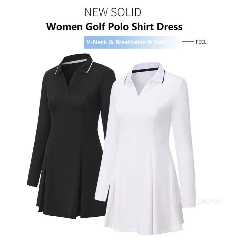 Spring Autumn Women's Tennis Golf Dress V-Neck Polo Sports Dresses Ladies High Waist Pleated Fitness Skirts A-Lined Skorts