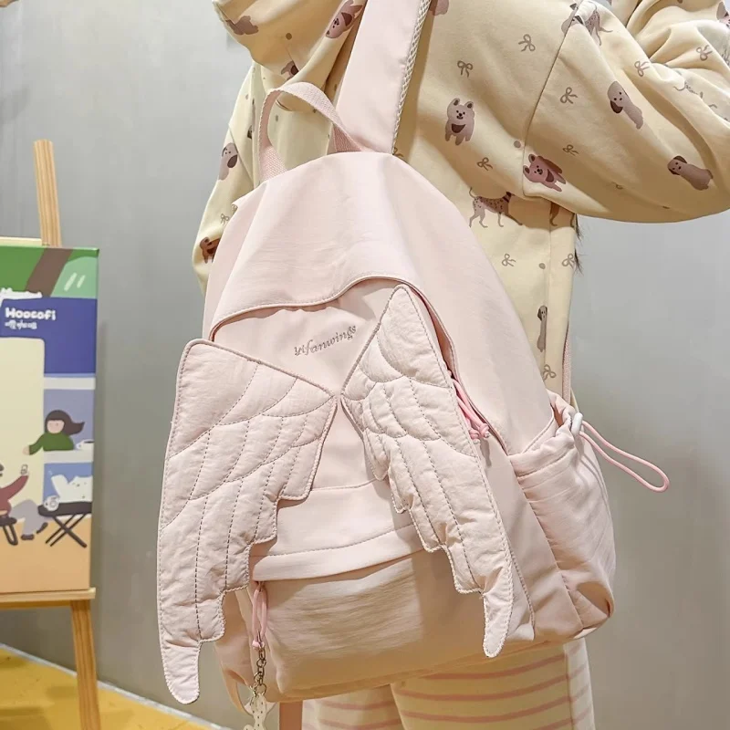 Y2k Style Wing Backpack For Women Japanese Cute Angel Canvas Bag Creative Tassel Solid Color Student Large Capacity Shoulder Bag
