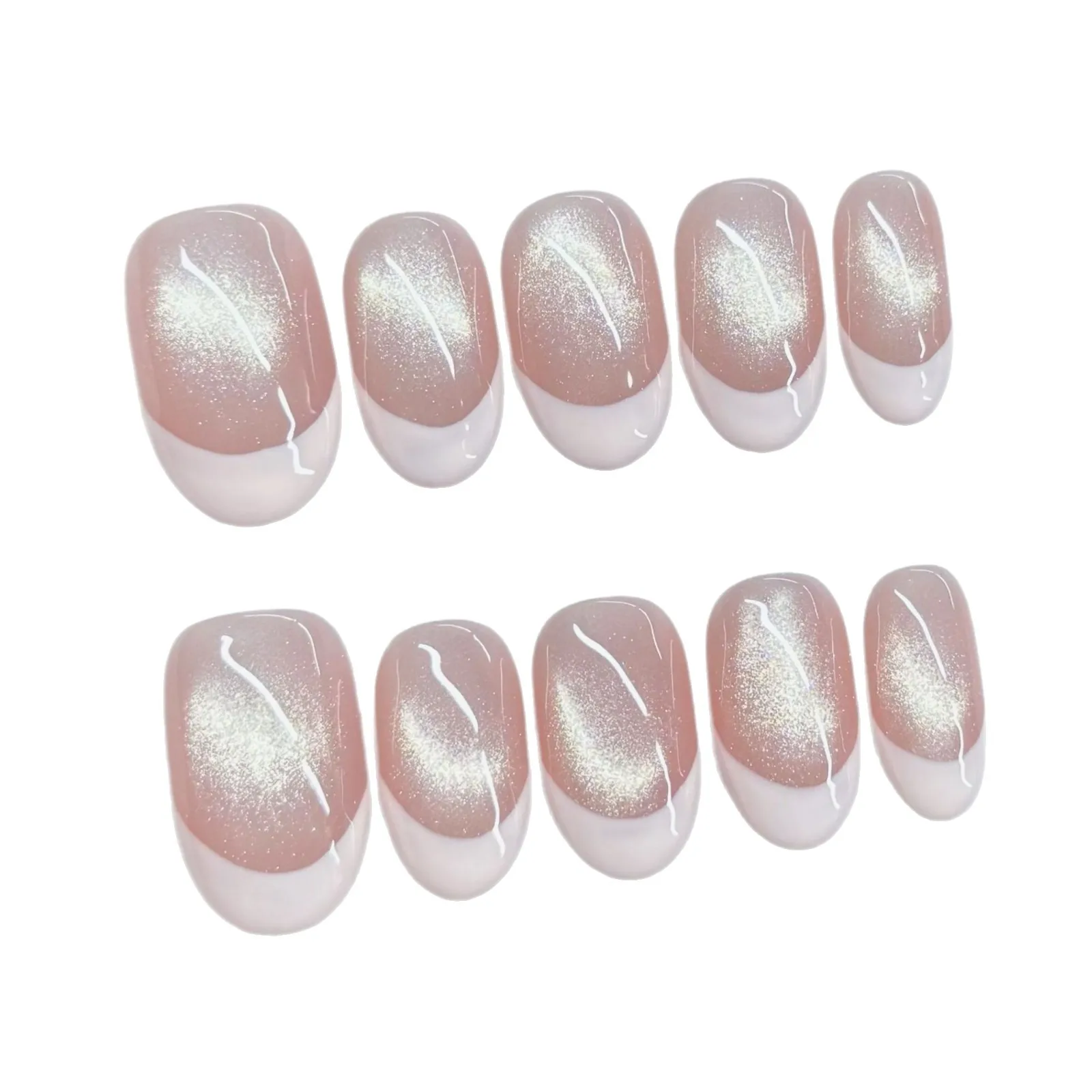 10個入り ピンクアーモンドフレンチマニキュアネイルアートセット - キャッツアイデザインの光沢のあるシンプルでエレガントな外観、ナチュラルでスタイリッシュなルックに最適