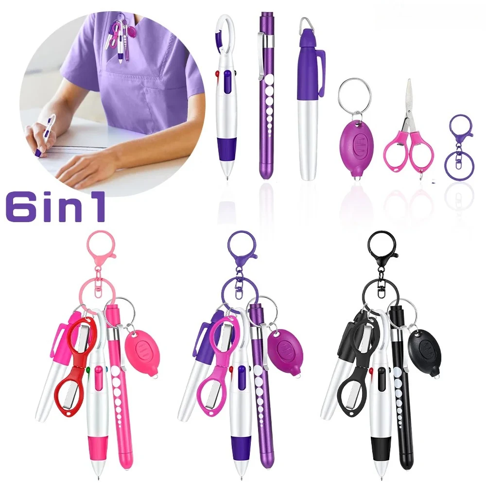 

New 6in1 Multifunction Retractable Ball Pen Set Flashlight Foldable Scissors Ballpoint Pen Keychain Nurse Pens Permanent Marker