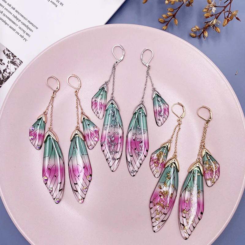 Pink Green Gradient Resin Double Butterfly Wing Drop Earrings for Women Shiny Flake Crystal Simulation Wing Earrings Jewelry