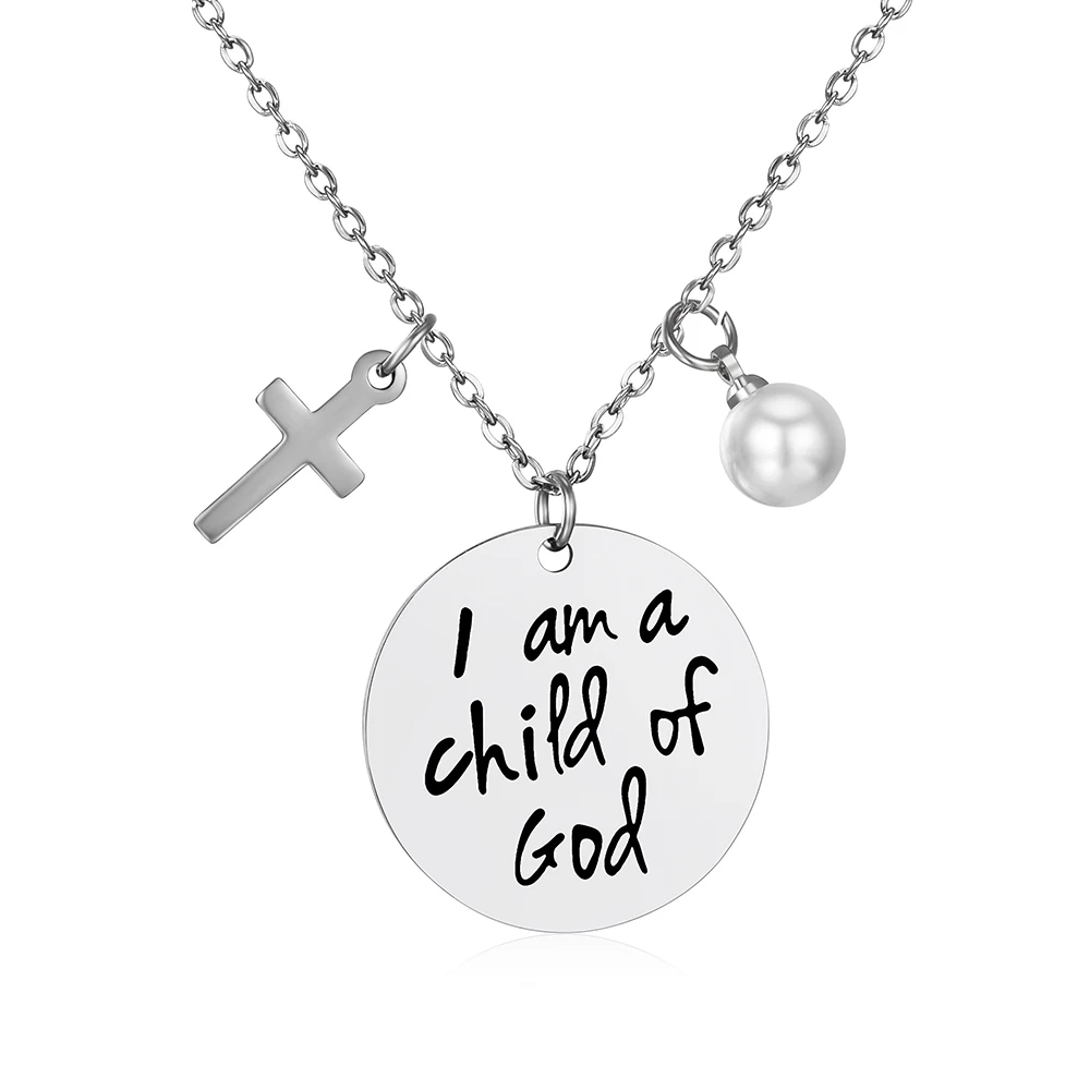 

"I Am Child of God" Stainless Steel Necklace Pearl and Cross Charm Pendant Neckalce Jewelry for Christian Gifts