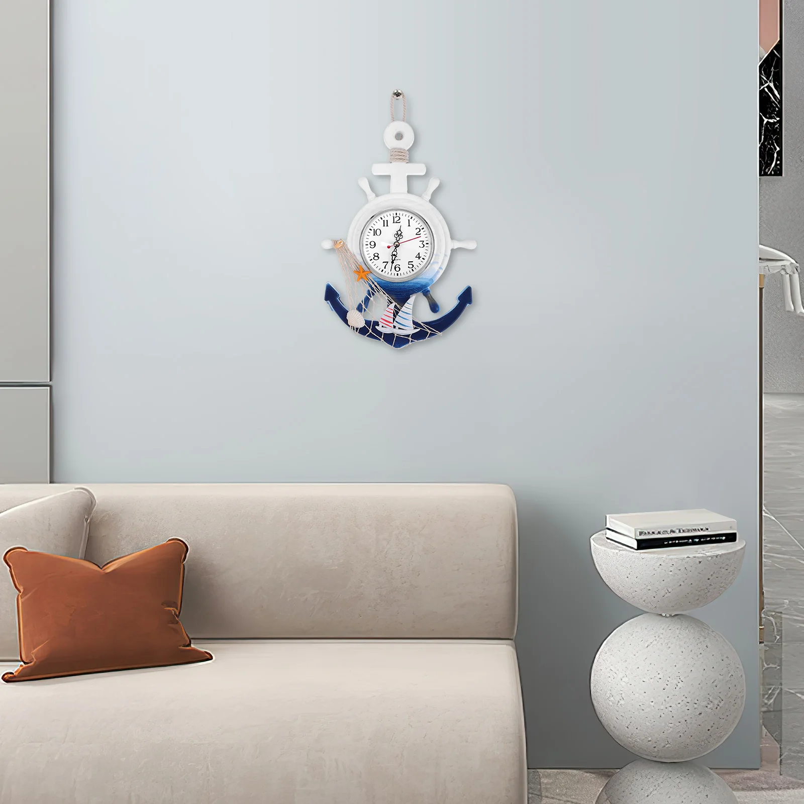 

Boat Anchor Wall Clock Wooden Plastic Creative Sailboat Design Mediterranean Style Hanging Decorative Wall Clock