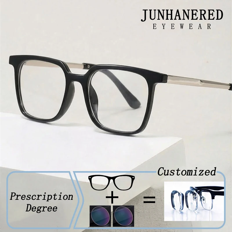 

New Custom Fashion Men Alloy Square Frame Hyperopia Photochromic Prescription Glasses Anti Blue Light Myopia Astigmatism Eyewear