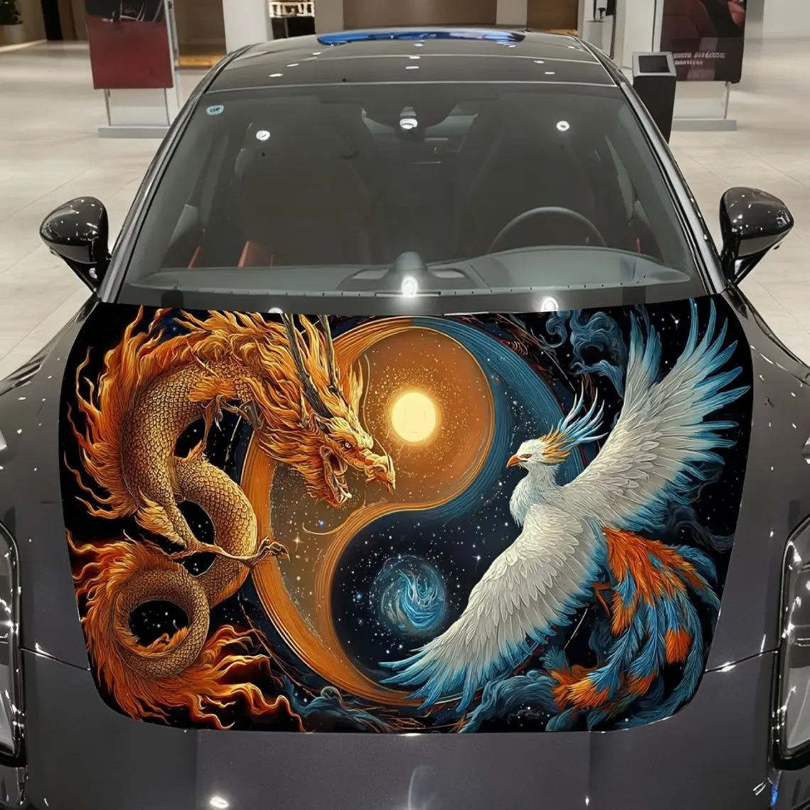 Dragon and Phoenix Tai Chi Car Vinyl Wrap, PVC Material Waterproof Car Hood Sticker, Self-Adhesive Scratch-Resistant Stickers fo