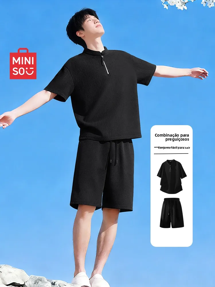 miniso-men's-cool-summer-outfit-set-quick-dry-sweat-absorbent-two-piece-short-sleeve-shorts-casual-sportswear-polyester-fiber