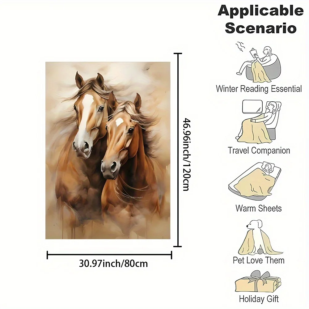 Decorative Horse Painting Blanket Throw Fleece Wrap Farmhouse Decor Gift for Living Room Bedroom Equestrian Animals Print Rustic
