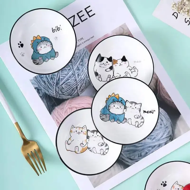 Cute cat mini heart-shaped pigment ceramic soy sauce vinegar jam kitchen small plate set tableware gift