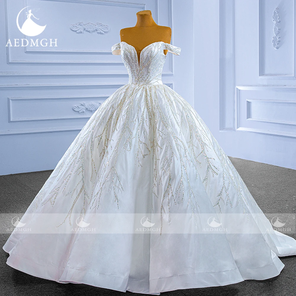Aedmgh Ball Gown Abiti da sposa in raso Sweetheart con spalle scoperte Semplice Vestido De Novia Abito da sposa su misura con paillettes in pizzo
