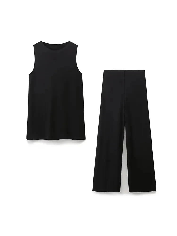 HH 2024 Women Summer 2 Piece Vest Pant Sets Female Soild Casual O Neck Vest Top+ Elastic Waist Loose Trousers Spring Outfits