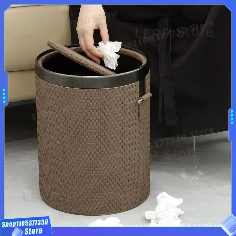 2026 New Large Capacity Leather Trash Can with Lid High End Light Luxury Storage Bucket for Living Room Household Waste Bin