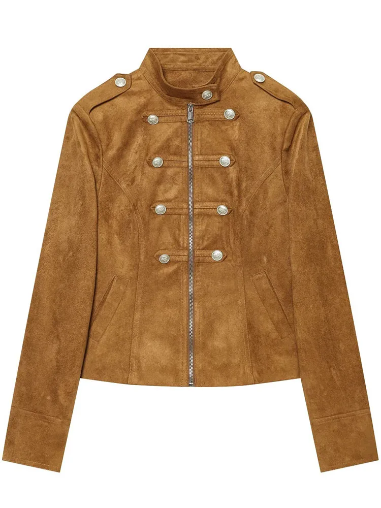 Chaqueta de estilo militar vintage para mujer, de la marca HH, con apariencia de ante marrón, cierre con cremallera, cuello alto, ideal para un estilo casual y urbano, perfecta como prenda de abrigo para el otoño.