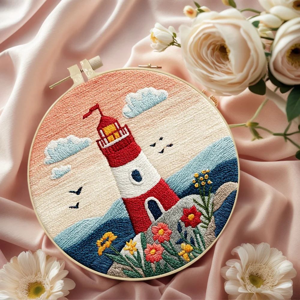 

Embroidery Kit Lighthouse Scenery New Arrival Suitable for Beginners Seaside Landscape Embroidery with Hoop Handmade Hobby
