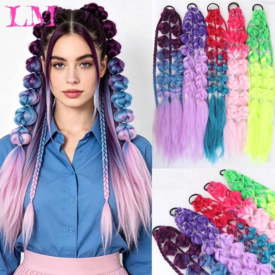 LM 24inch Gradient Two Tone Bubble Braids Ponytail Synthetic Hair Extensions With Hair Ring Festival Rave Cosplay Hairpiece