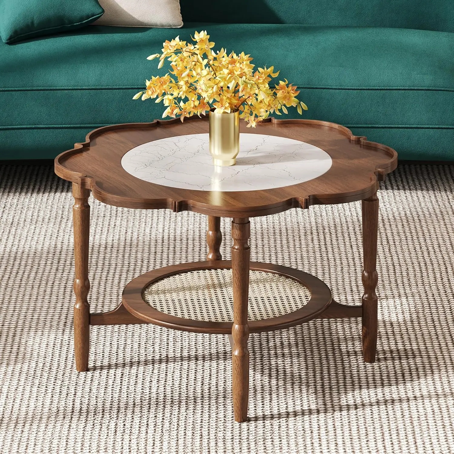 

31.5" Mid-Century Walnut Coffee Table - 2-Tier Vintage Design with Petal-Shape White Crackle Glass & Rattan Accents