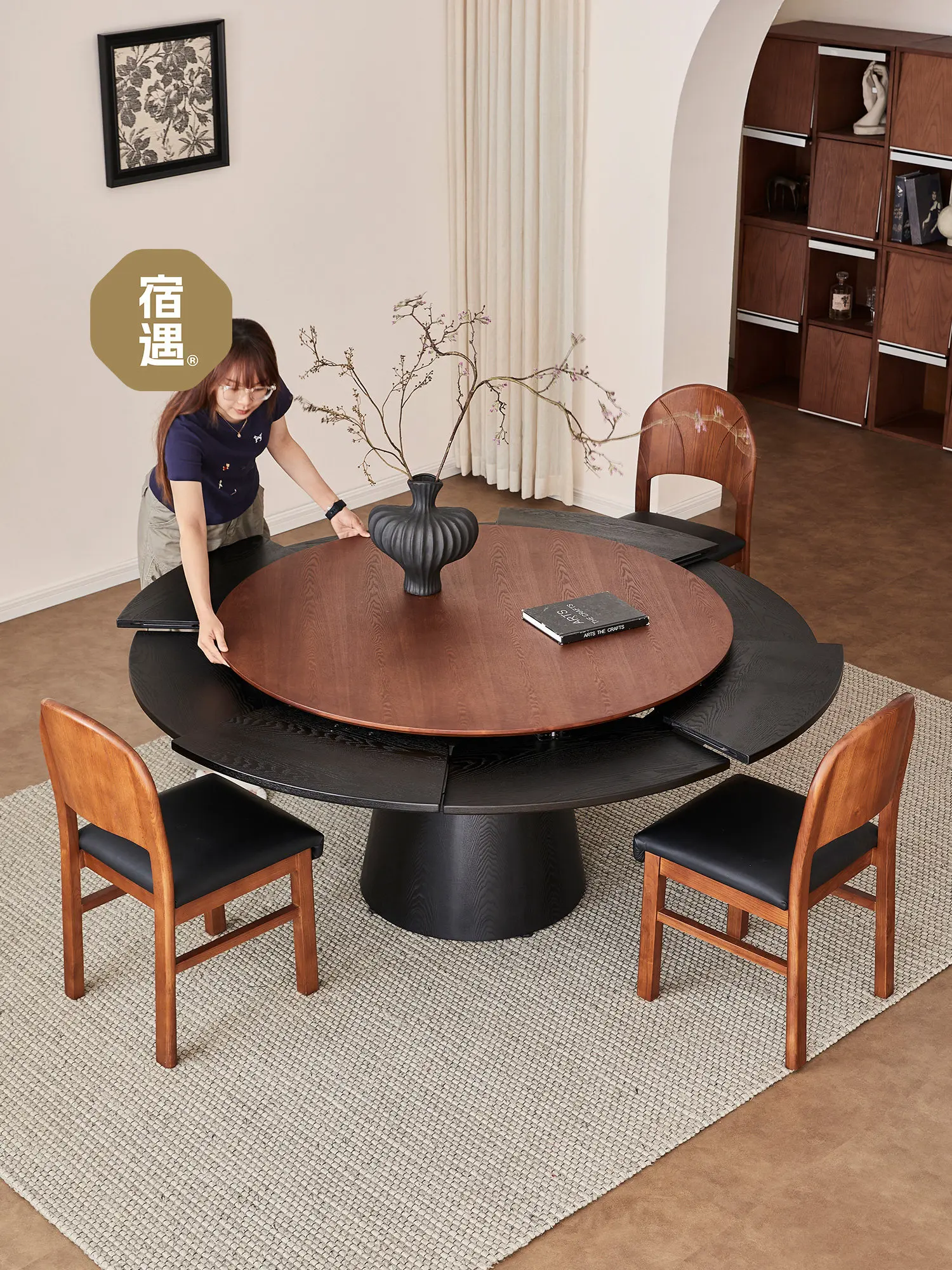 Round table rotating telescopic deformation antique household 10 people round Fletcher all solid wood dining table and chairs