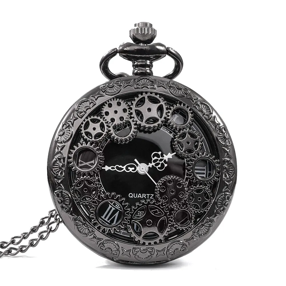 1pcs Punk Copper Retro Hollow Gear Hollow Quartz Pocket Watch Necklace Hanging Bracelet Men and Women with Chain Gift
