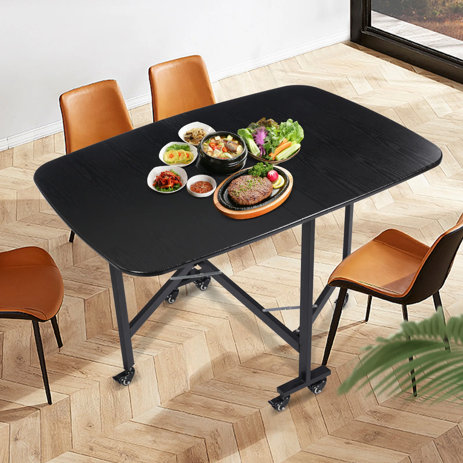 Zwarte houten vouwtafel met drie delen, multifunctioneel, met wielen - afbeelding 1