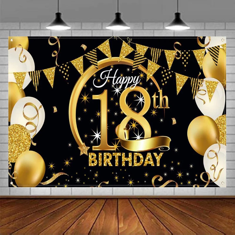 Photography Backdrop Happy 18th Birthday Party Decor Black Gold Sign Poster Anniversary Photo Booth Background Banner Supplies