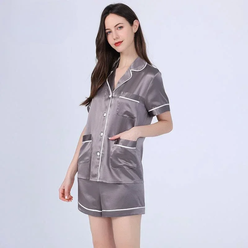 

25MM 100% Mulberry Silk Women Summer Pajamas Two-piece Set Sleepwear Loungewear Button-up Short Sleeve & Shorts Pajama Homewear