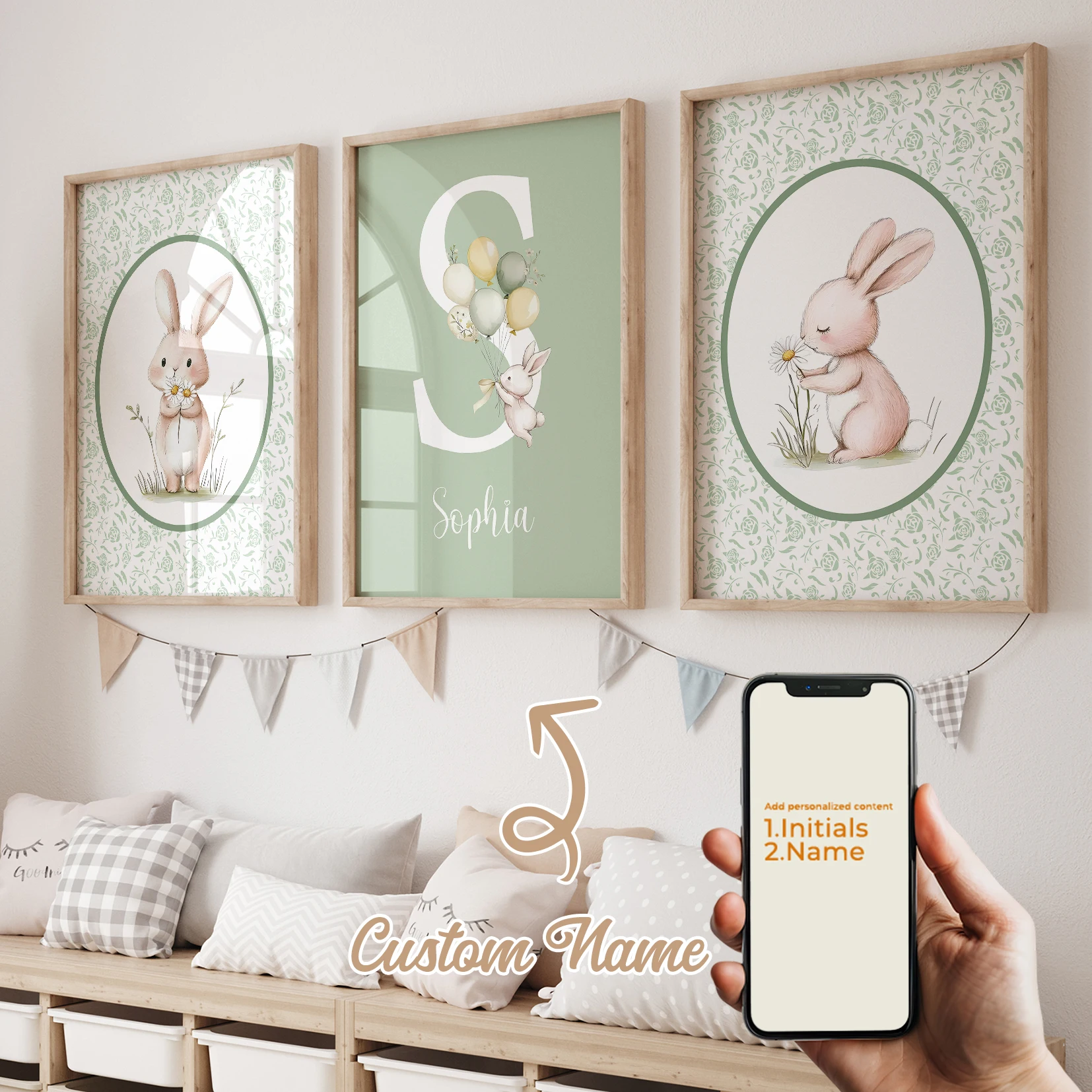 3 Stück personalisierter Cartoon-Blumenstrauß mit individuellem Namen, Kaninchen-Wandkunstdruck, Bild, Leinwand, Poster, Gemälde für Wohnzimmer, Heimdekoration