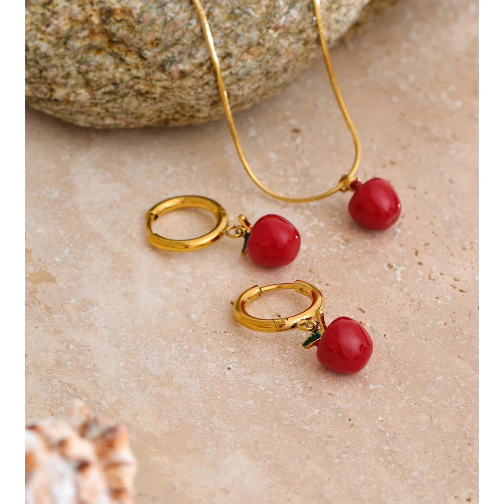 Yhpup Red Enamel Apple Pendant Necklace Earrings Tarnish Resistant Stainless Steel Fruit Jewelry 18K Golden Plated Accessories