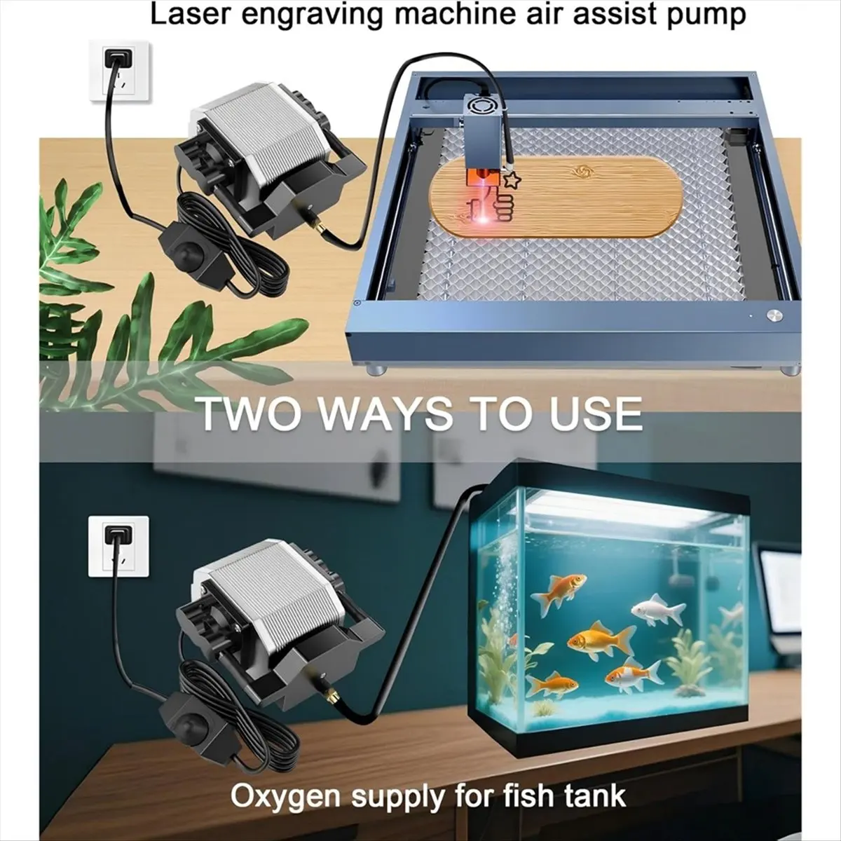 مساعدة هواء HITL للقطع والنقش بالليزر، مساعدة هواء قوية 80 لتر/دقيقة للقطع، مساعدة هواء منخفضة الضوضاء بمقبس أمريكي B