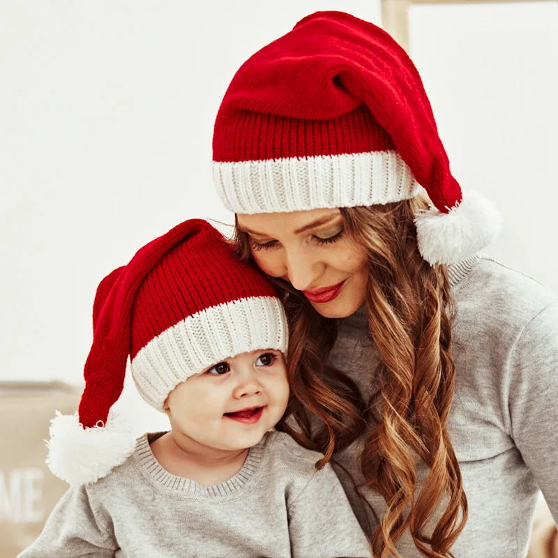 2024 Knitted Christmas Hat Cute Pompom Adult Child Soft Beanie Santa Cap New Year Party Kids Gift Navidad Natal Noel Decoration