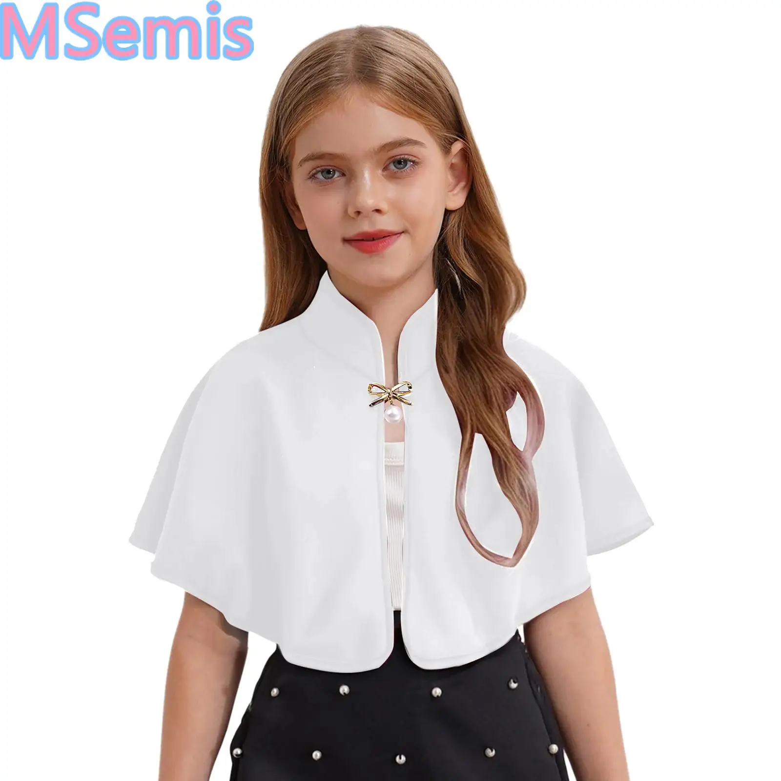 Kids Girls Elegant Shawl Wraps Bolero Exquisite Brooch Mock Collar Open Front Cap Solid Color for Party Dress Accessory