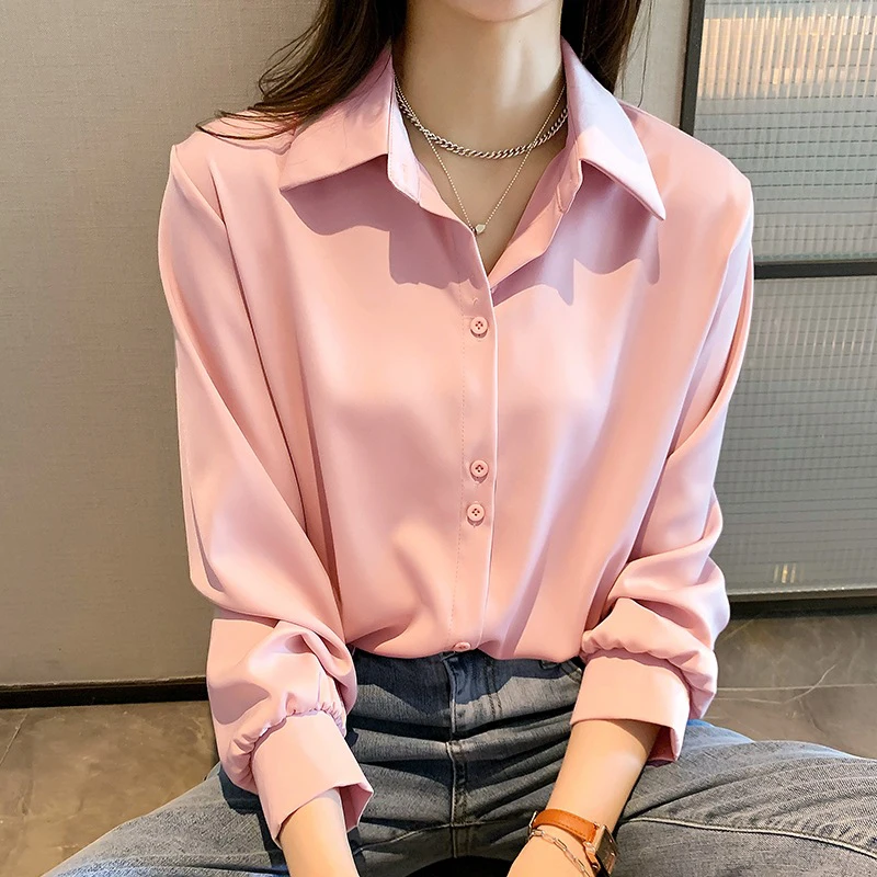 Shirt And Blouse OL Single Breasted Long Sleeve Simple Elegant Casual Solid Women New In Clothes Top French Pink Thin All-match