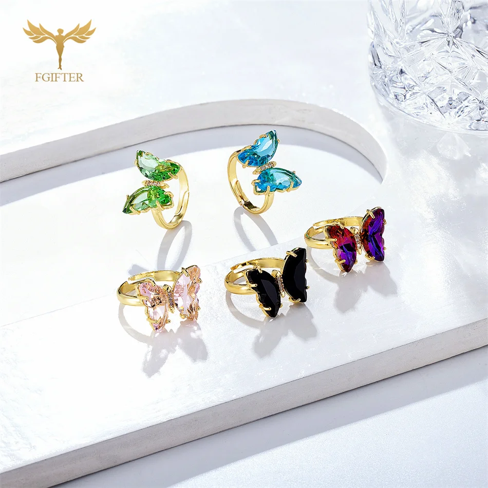 18 Colors Zircon Butterfly Rings For Women Girls Luxury Gold Color Copper Hand Finger Jewelry Accessories Adjustable Size Gifts