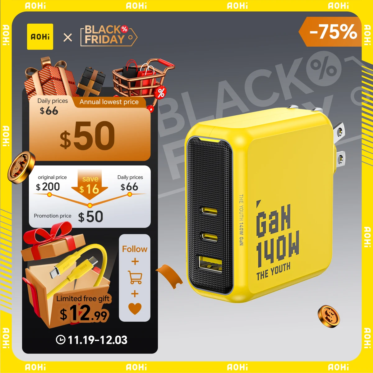 

AOHI Youth 140W GaN Charger PD3.1 3-Port Type C Quick Charge For Macbook Pro Laptop USB Fast Charger For iPhone 16 Xiaomi Tablet