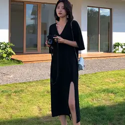 Plus Size Split Hem Black T Shirt Dress Summer New Short Sleeve O-neck Solid Color Loose Midi Dress Fashion Casual Women Clothes